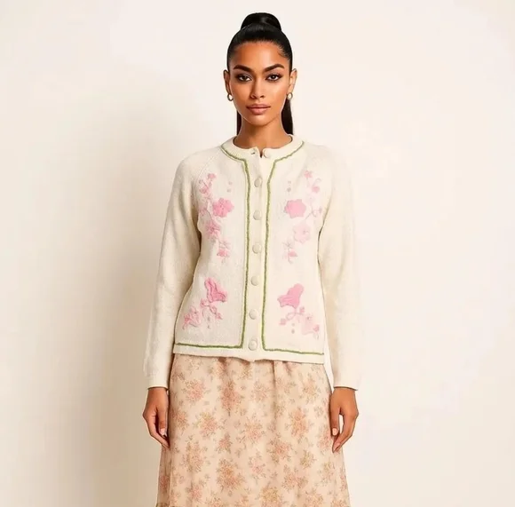 Vintage White Knit Cardigan Pink Embroidery Korea - Picture 1 of 12